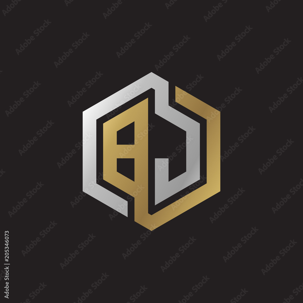 Initial letter BJ, looping line, hexagon shape logo, silver gold color on black background Initial letter BJ, looping line, hexagon shape logo, silver gold color on black background