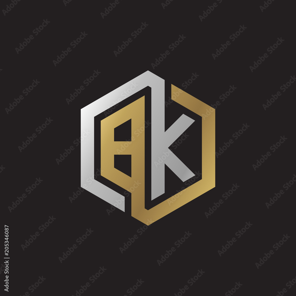 Initial letter BK, looping line, hexagon shape logo, silver gold color on black background Initial letter BK, looping line, hexagon shape logo, silver gold color on black background