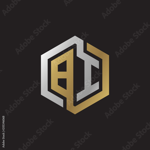 Initial letter BI, looping line, hexagon shape logo, silver gold color on black background