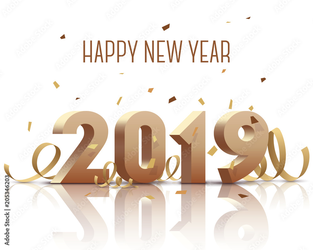 Happy New Year 2019. Gold 3D-numbers with ribbons and confetti on white background. Vector illustration Happy New Year 2019. Gold 3D-numbers with ribbons and confetti on white background. Vector illustration