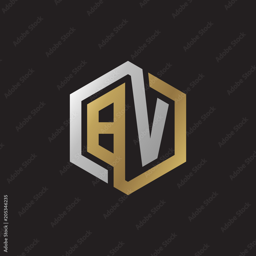 Initial letter BV, looping line, hexagon shape logo, silver gold color on black background Initial letter BV, looping line, hexagon shape logo, silver gold color on black background