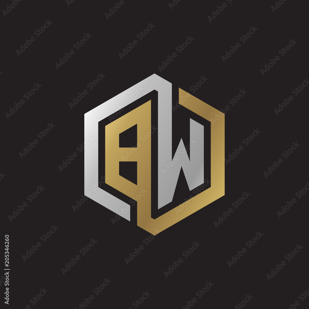 Initial letter BW, looping line, hexagon shape logo, silver gold color on black background Initial letter BW, looping line, hexagon shape logo, silver gold color on black background