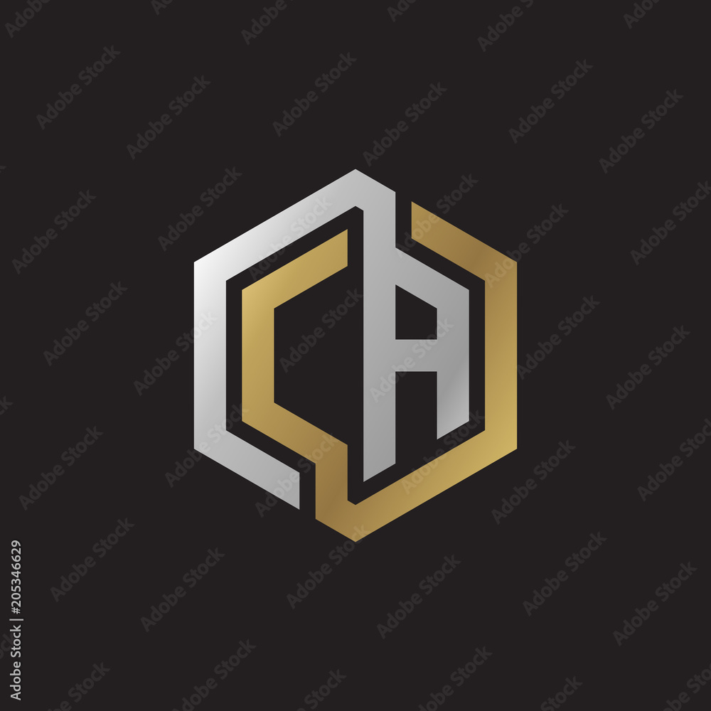 Initial letter CA, looping line, hexagon shape logo, silver gold color on black background Initial letter CA, looping line, hexagon shape logo, silver gold color on black background