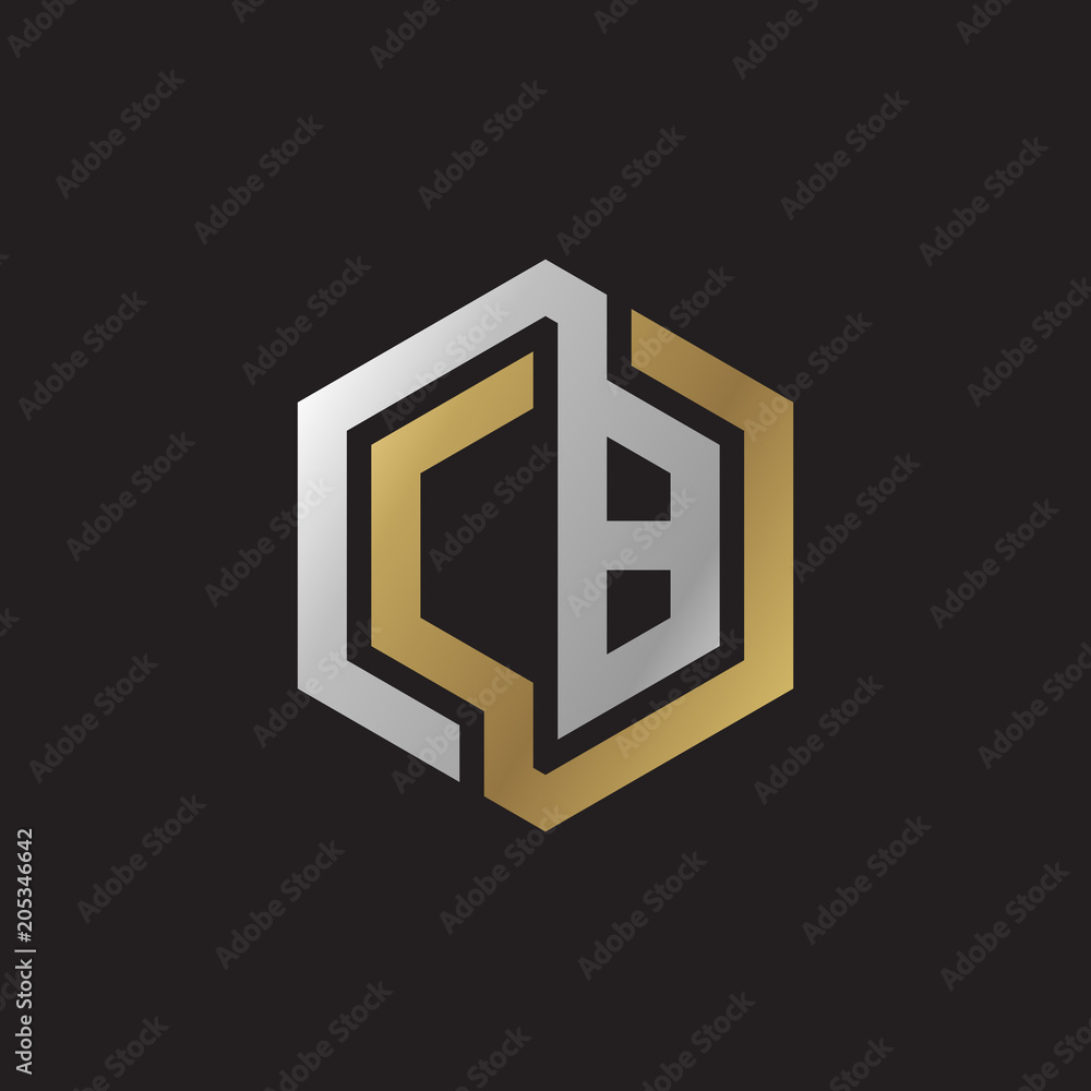 Initial letter CB, looping line, hexagon shape logo, silver gold color on black background Initial letter CB, looping line, hexagon shape logo, silver gold color on black background