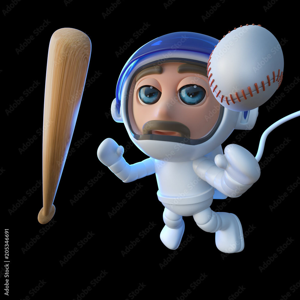 3d Funny cartoon spaceman astronaut character with baseball bat and ball in  space Stock Illustration | Adobe Stock