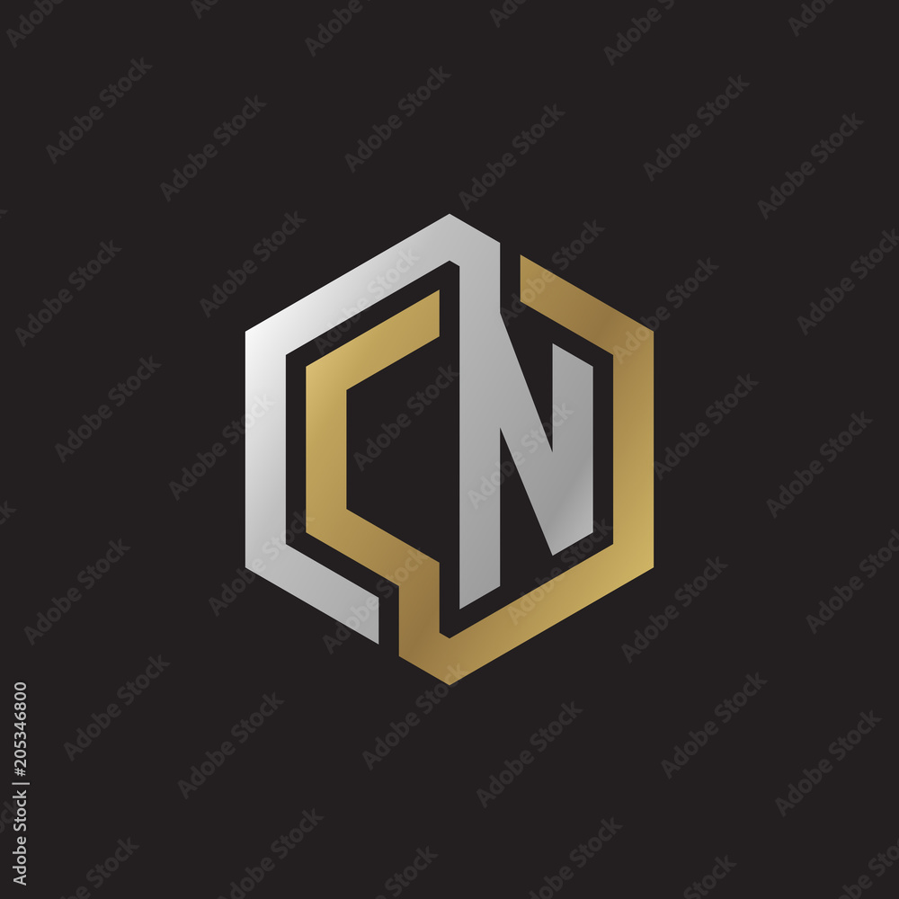 Initial letter CN, looping line, hexagon shape logo, silver gold color on black background Initial letter CN, looping line, hexagon shape logo, silver gold color on black background