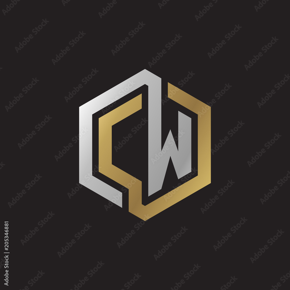 Initial letter CW, looping line, hexagon shape logo, silver gold color on black background Initial letter CW, looping line, hexagon shape logo, silver gold color on black background