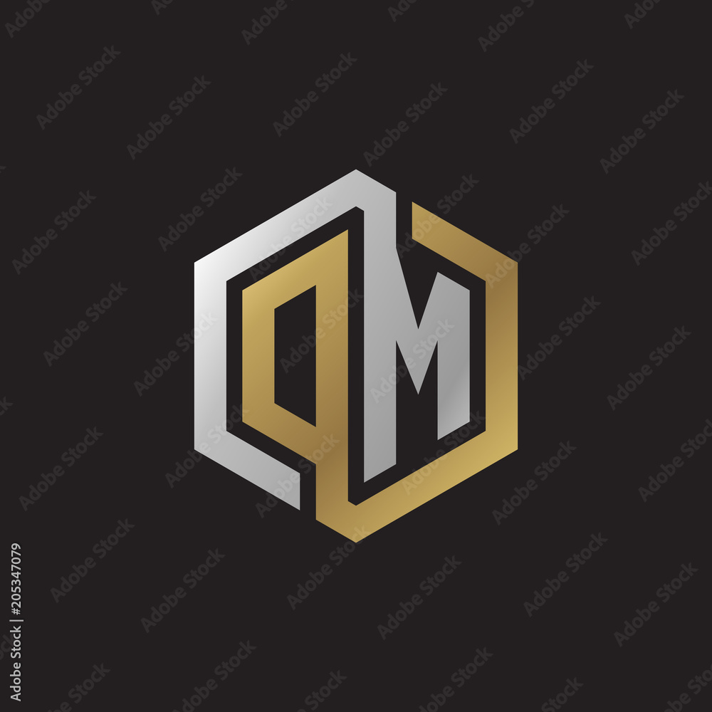 Initial letter DM, OM, looping line, hexagon shape logo, silver gold color on black background Initial letter DM, OM, looping line, hexagon shape logo, silver gold color on black background