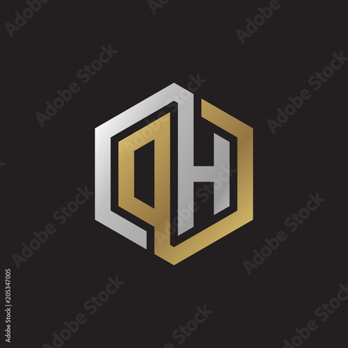 Initial letter DH, OH, looping line, hexagon shape logo, silver gold color on black background