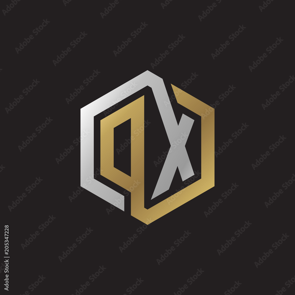 Initial letter DX, OX, looping line, hexagon shape logo, silver gold color on black background Initial letter DX, OX, looping line, hexagon shape logo, silver gold color on black background
