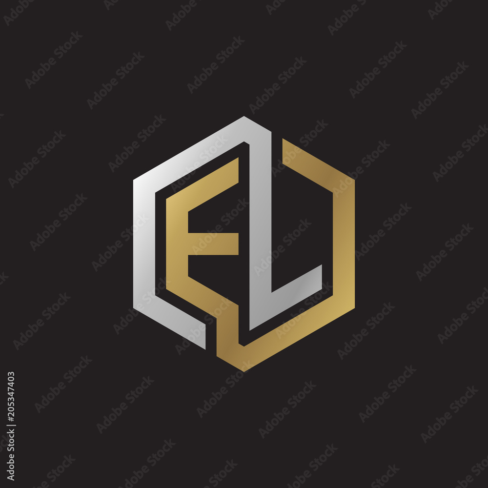 Initial letter EL, looping line, hexagon shape logo, silver gold color on black background Initial letter EL, looping line, hexagon shape logo, silver gold color on black background
