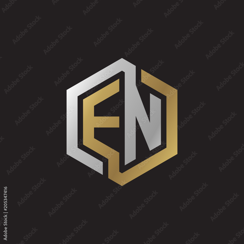 Initial letter EN, looping line, hexagon shape logo, silver gold color on black background Initial letter EN, looping line, hexagon shape logo, silver gold color on black background