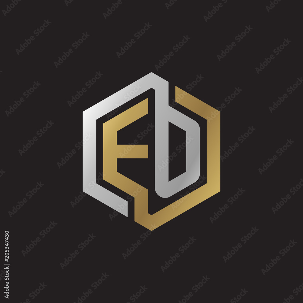 Initial letter EO, looping line, hexagon shape logo, silver gold color on black background Initial letter EO, looping line, hexagon shape logo, silver gold color on black background