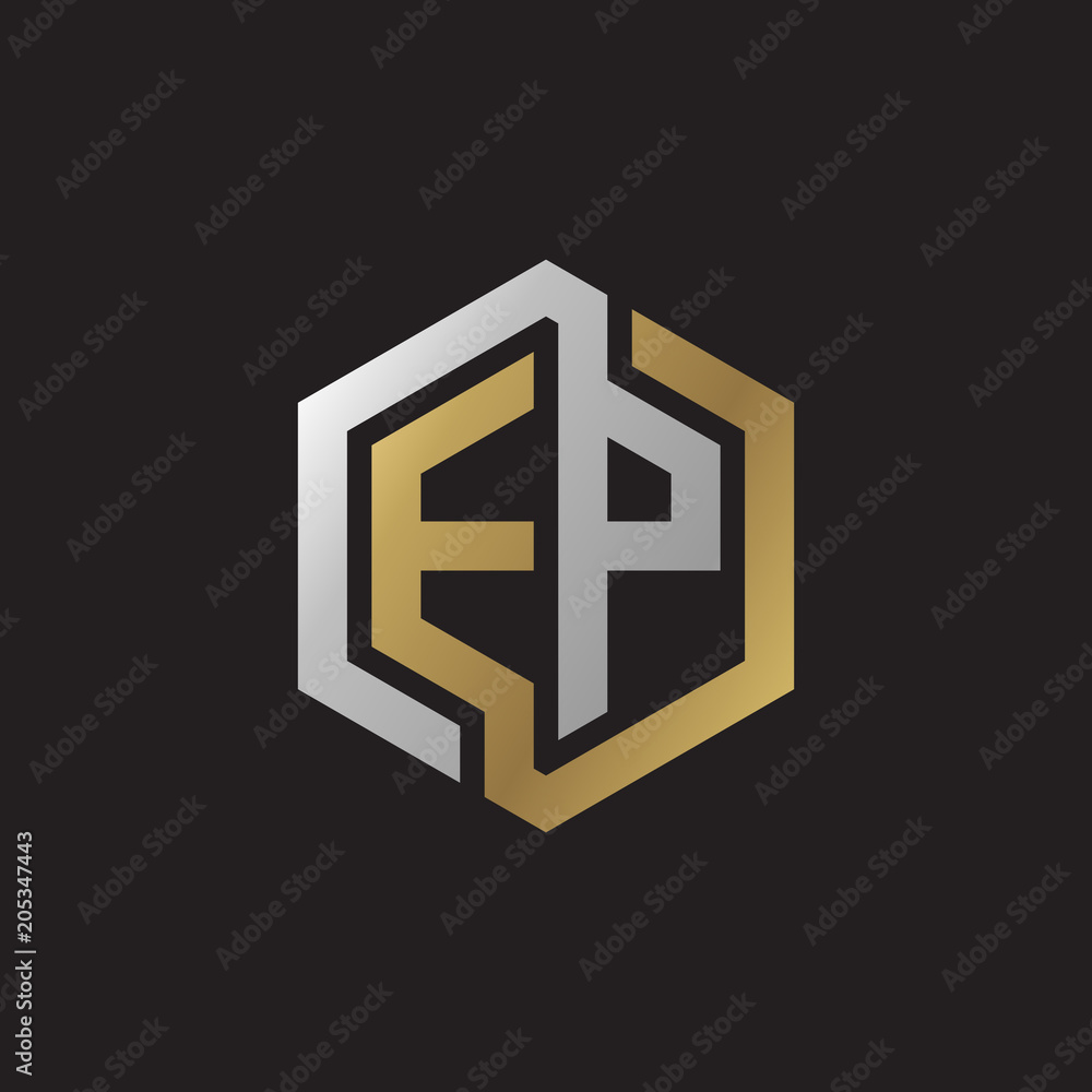 Initial letter EP, looping line, hexagon shape logo, silver gold color on black background Initial letter EP, looping line, hexagon shape logo, silver gold color on black background