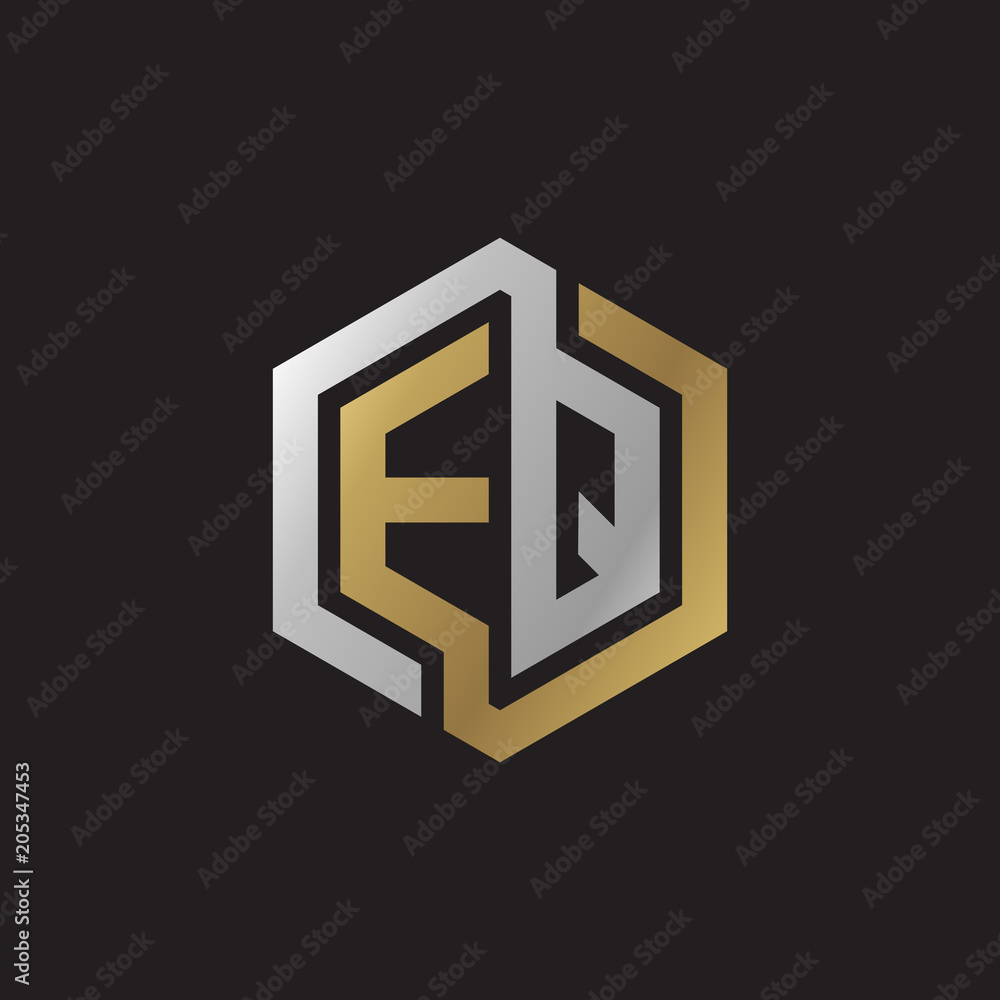Initial letter EQ, looping line, hexagon shape logo, silver gold color on black background Initial letter EQ, looping line, hexagon shape logo, silver gold color on black background