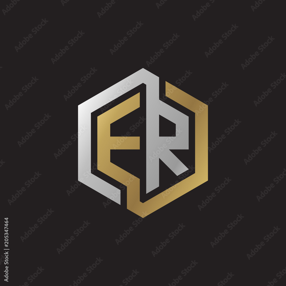 Initial letter ER, looping line, hexagon shape logo, silver gold color on black background Initial letter ER, looping line, hexagon shape logo, silver gold color on black background