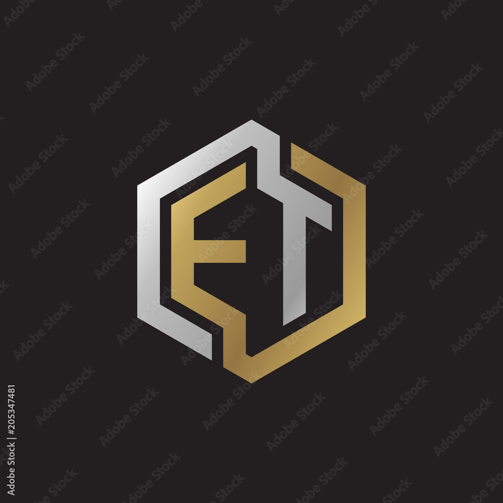 Initial letter ET, looping line, hexagon shape logo, silver gold color on black background Initial letter ET, looping line, hexagon shape logo, silver gold color on black background