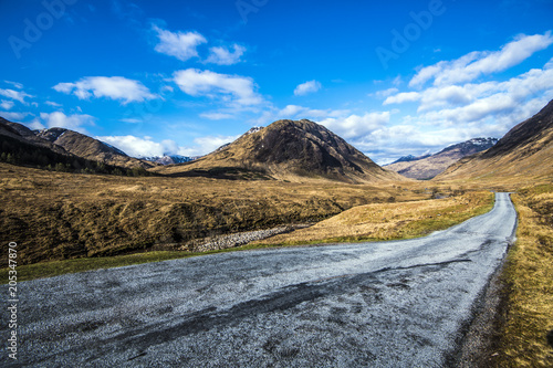 The road through Glen Etive in the Highlands of Scotland