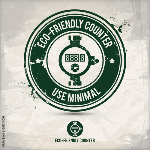 alternative eco water counter stamp containing: two environmentally sound eco motifs in circle frames, grunge ink rubber stamp effect, textured carton paper background, eps10 vector illustration