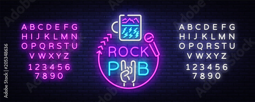 Rock Pub Logo Neon Vector. Rock Bar Neon Sign, Concept with a glass, Bright Advertising, Light Banner, Live Music, Karaoke, Night Club, Neon Signboard, Design Element. Vector. Editing text neon sign