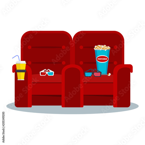 Auditorium and two red comfortable armchairs in the cinema. Drinks and popcorn, glasses for movie. Flat vector cartoon Cinema seats illustration. Objects isolated on a white background.