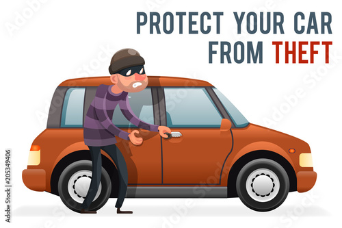 Car thief steal automobile robber robbery purse character isolated icon cartoon design vector illustration