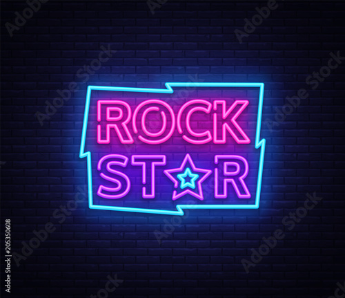 Rock Star Neon Sign Vector Illustration. Design template neon signboard on Rock Music, Light banner, Bright Night Advertising. Vector