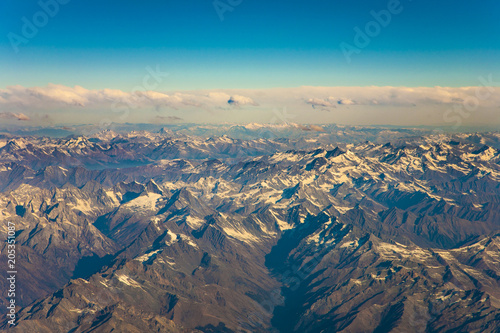 view from the aircraft to the mountains of the Himalaya on Chinese Tibetan side
