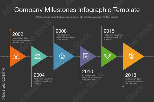 Vector infographic for company milestones timeline template with colorful triangles and line icons isolated on dark background. Easy to use for your website or presentation.