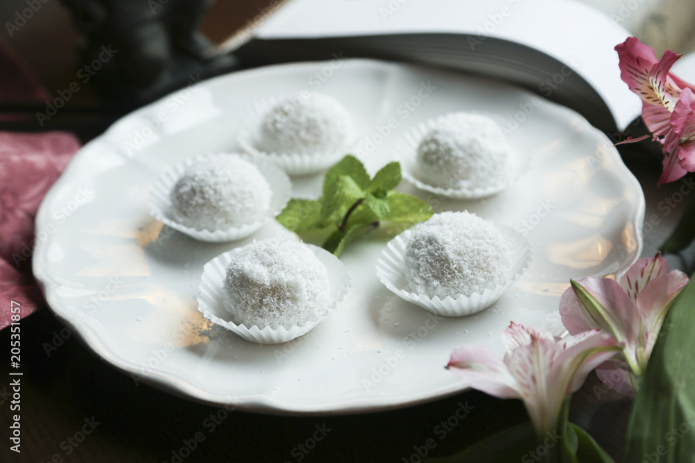 Asian coconut dessert with bean paste stuffing Asian coconut dessert with bean paste stuffing