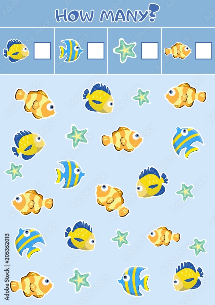 Counting children's educational games, children's sheet. How many objects task, marine life, sea theme. vector illustration.