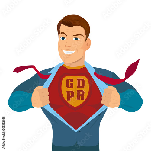 Superhero tearing his shirt and suit with an inscription GDPR.