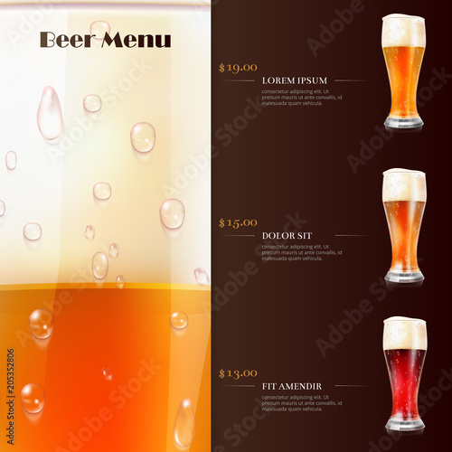 Beer menu flyer template with realistic glasses of beer