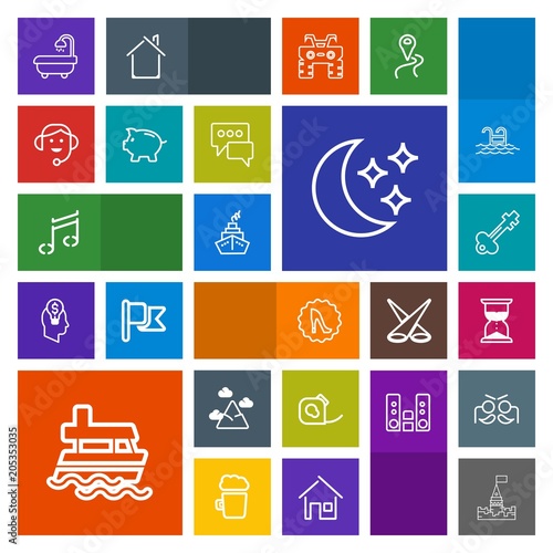 Modern, simple, colorful vector icon set with white, hour, star, blue, moon, electrical, insulating, boat, call, lock, hourglass, castle, sky, landscape, night, elegance, fashion, sound, ship,  icons