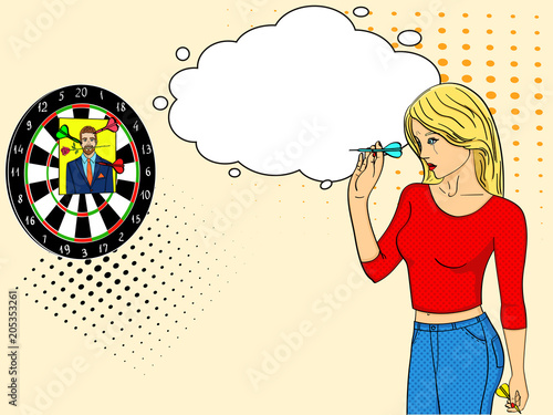 Pop art girl cries and plays in a wall mounted shooting gallery. Dart in a photo of a man. Imitation comic style. text bubble