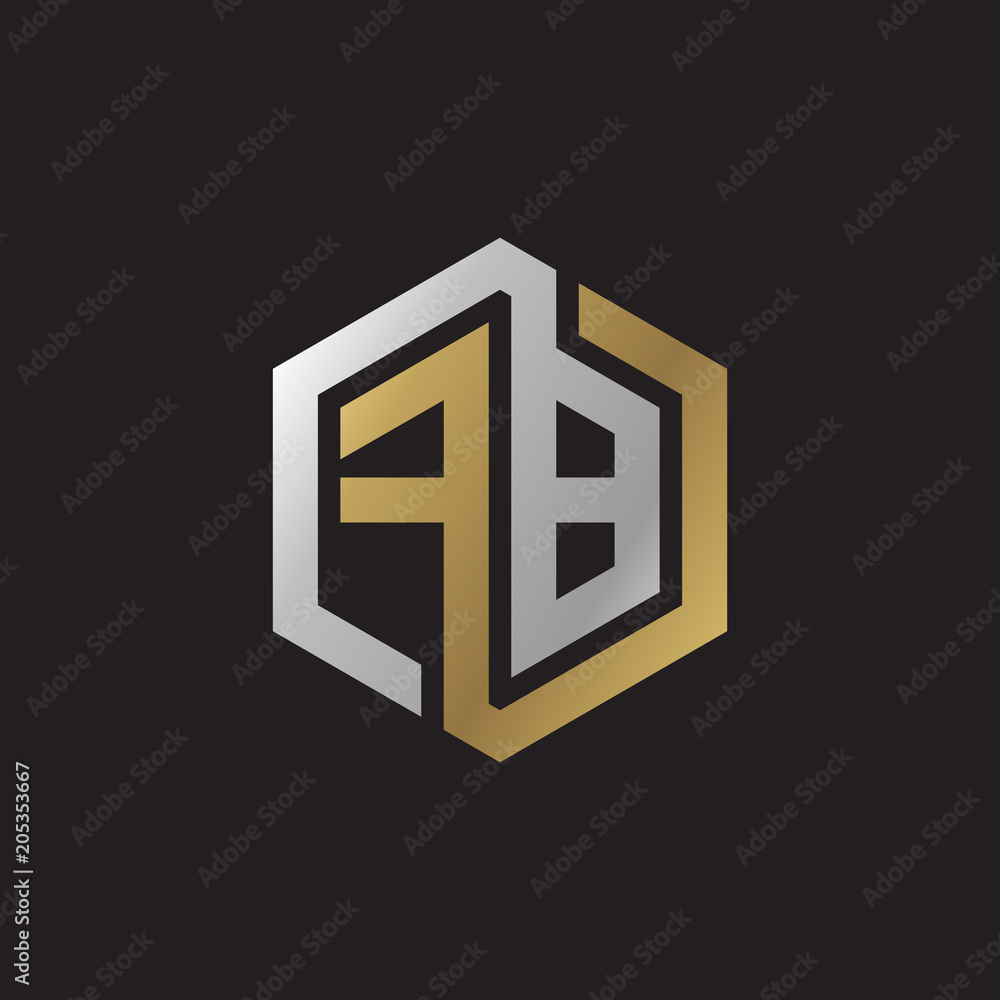 Initial letter FB, looping line, hexagon shape logo, silver gold color on black background Initial letter FB, looping line, hexagon shape logo, silver gold color on black background