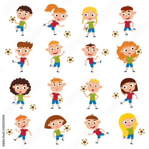 Vector illustration of girls and boys playing football.