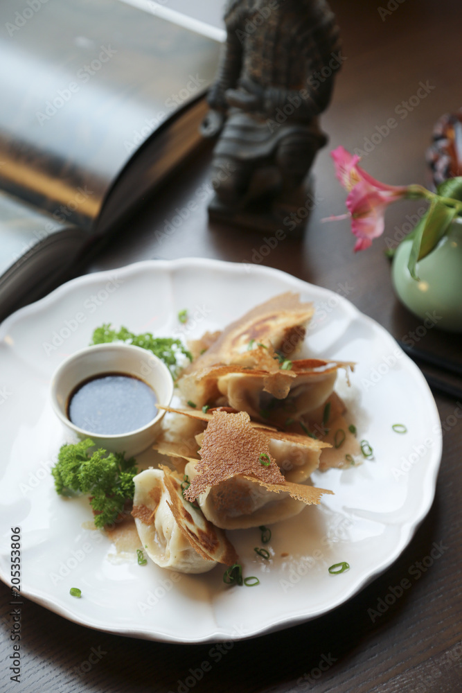 Fried Asian dumplings with soy sauce Fried Asian dumplings with soy sauce