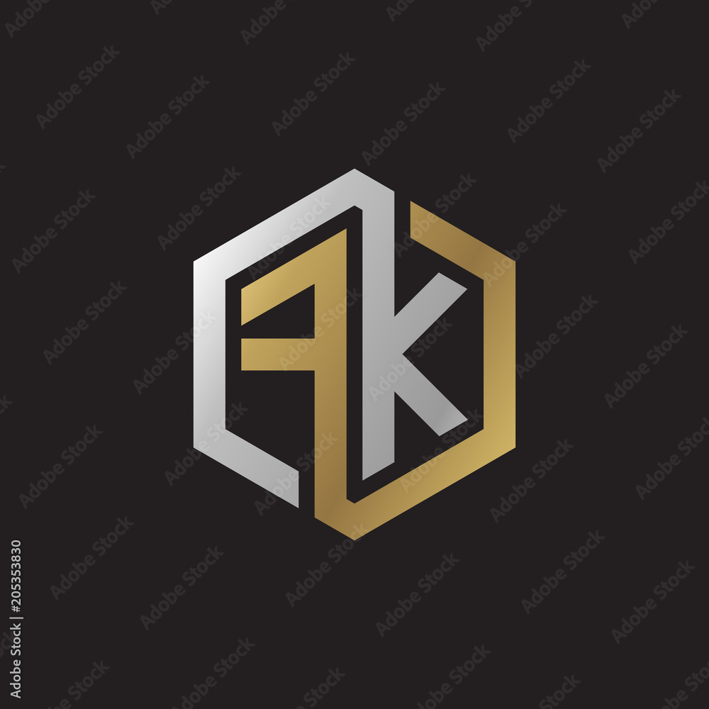 Initial letter FK, looping line, hexagon shape logo, silver gold color on black background Initial letter FK, looping line, hexagon shape logo, silver gold color on black background