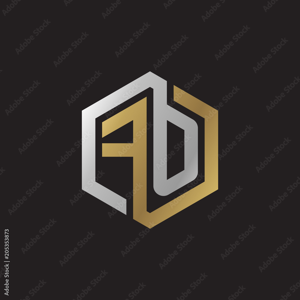 Initial letter FO, looping line, hexagon shape logo, silver gold color on black background Initial letter FO, looping line, hexagon shape logo, silver gold color on black background