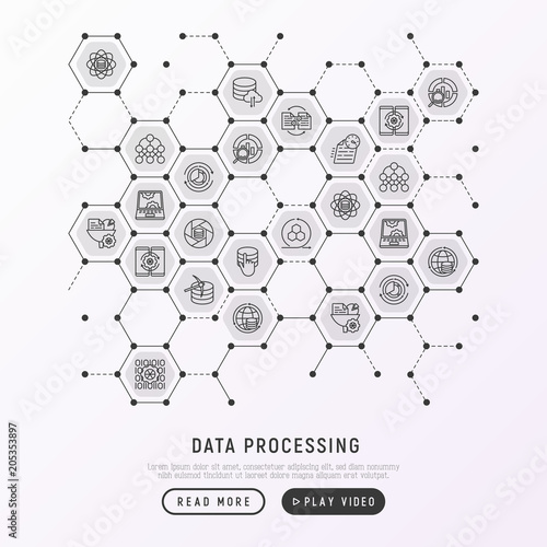 Data processing concept in honeycombs with thin line icons: data science, filtering, deep learning, mobile syncing, big data, modeling API, usage, tracking, cloud database. Modern vector illustration.
