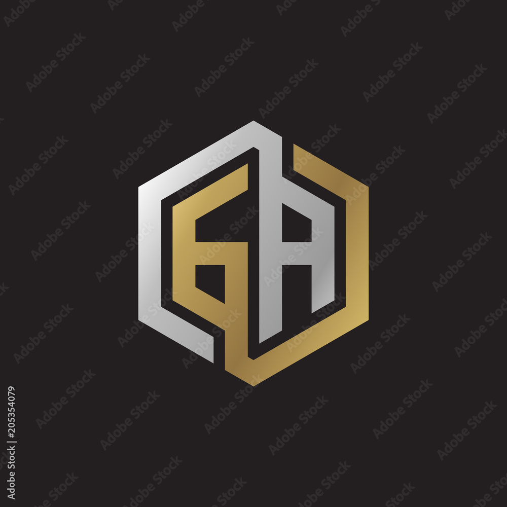 Initial letter GA, looping line, hexagon shape logo, silver gold color on black background Initial letter GA, looping line, hexagon shape logo, silver gold color on black background