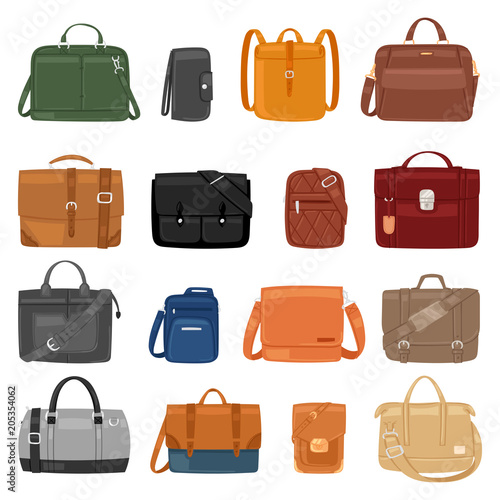 Man bag vector men fashion handbag or business briefcase and leather notecase of businessman illustration manlike bagged set of male baggy accessory bagpack isolated on white background