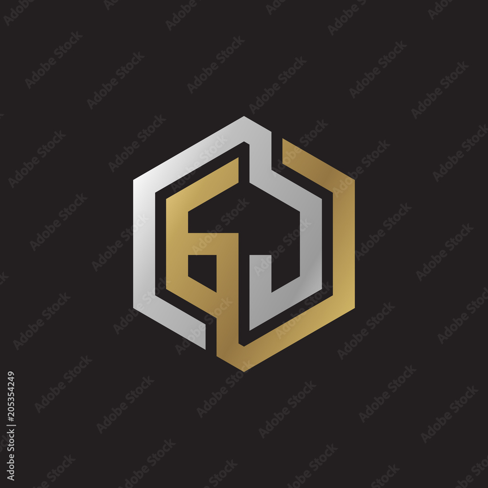 Initial letter GJ, looping line, hexagon shape logo, silver gold color on black background Initial letter GJ, looping line, hexagon shape logo, silver gold color on black background