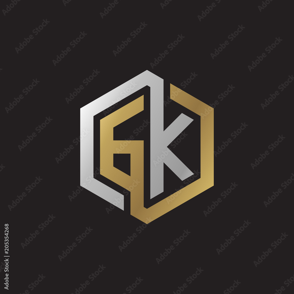 Initial letter GK, looping line, hexagon shape logo, silver gold color on black background Initial letter GK, looping line, hexagon shape logo, silver gold color on black background