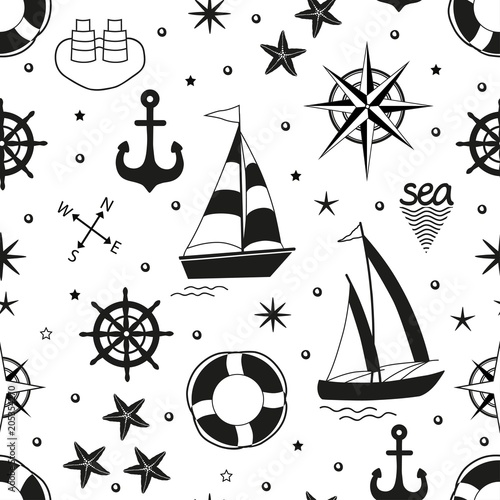 Marine seamless pattern with nautical elements