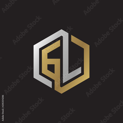 Initial letter GL, looping line, hexagon shape logo, silver gold color on black background