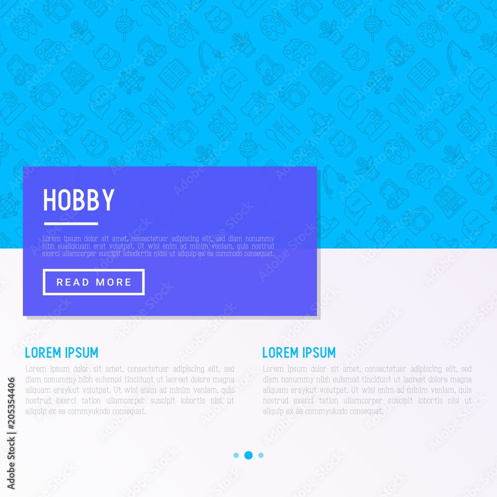 Fototapeta premium Hobby concept with thin line icons: reading, gaming, gardening, photography, cooking, sewing, fishing, hiking, yoga, music, travelling, blogging, knitting. Vector illustration, print media template.