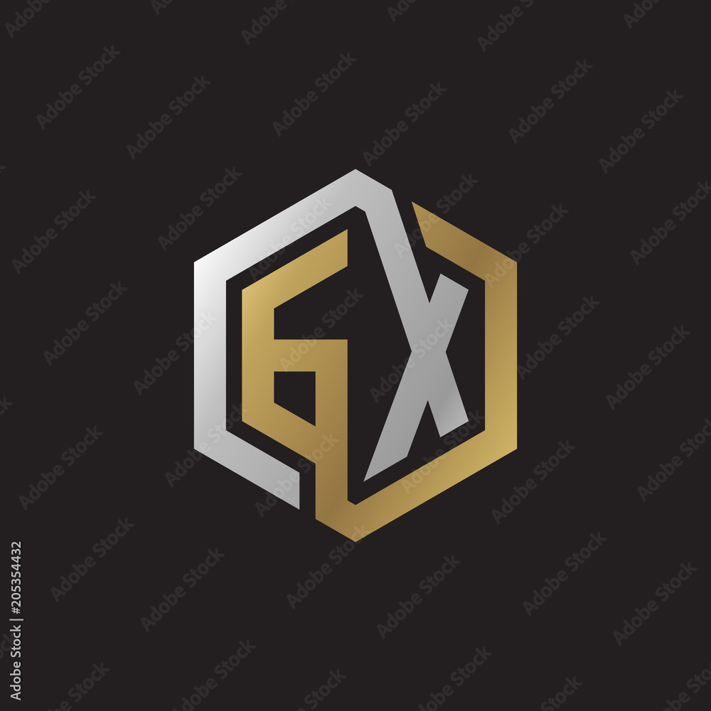 Initial letter GX, looping line, hexagon shape logo, silver gold color on black background Initial letter GX, looping line, hexagon shape logo, silver gold color on black background