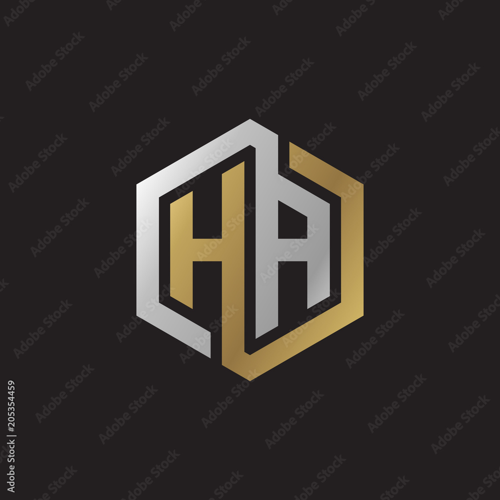 Initial letter HA, looping line, hexagon shape logo, silver gold color on black background Initial letter HA, looping line, hexagon shape logo, silver gold color on black background